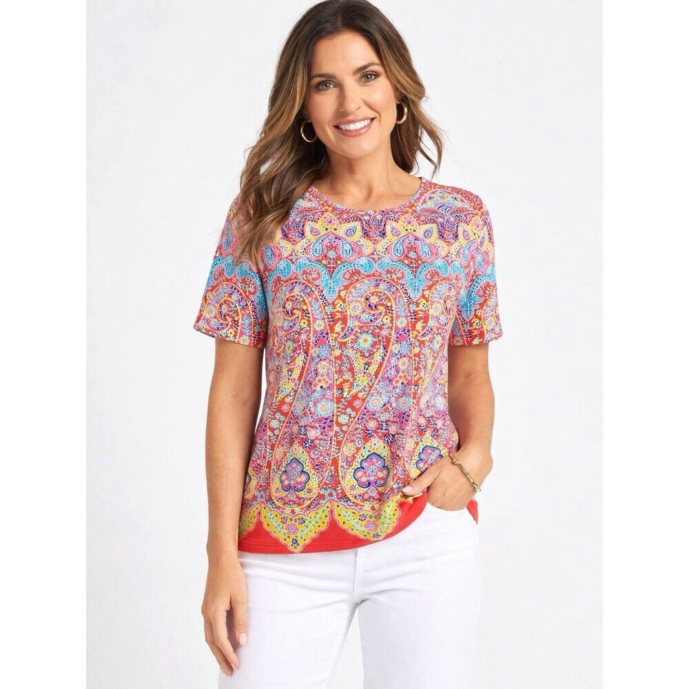 Talbots Paisley Top Womens Medium M Multicolor Short Sleeve Stretch Tee - Picture 1 of 5